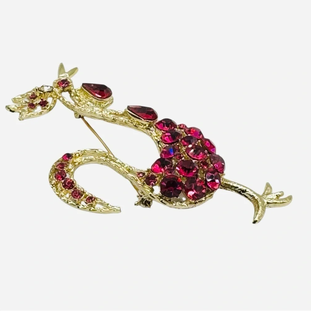 Vintage Gold Tone Roaster Brooch Fuchsia, Rhinestone Statement Pin